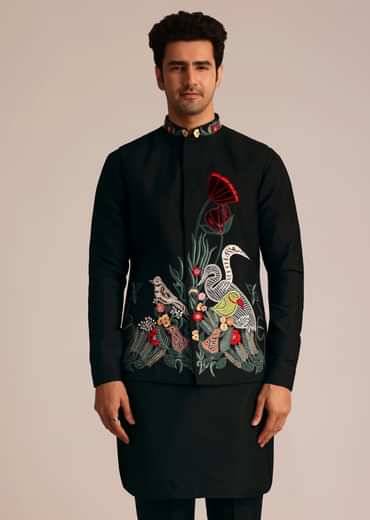 Black Silk Indo Western Set With Resham Embroidery