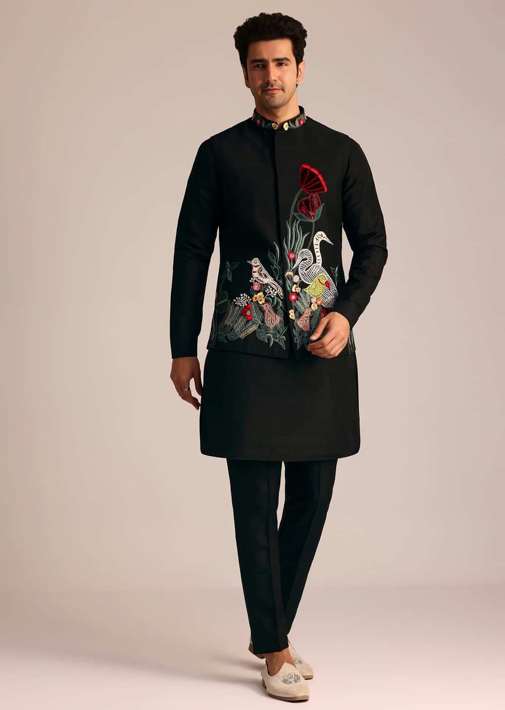 Black Silk Indo Western Set With Resham Embroidery