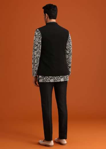 Black Silk Jacket And Kurta Set With Zari Work