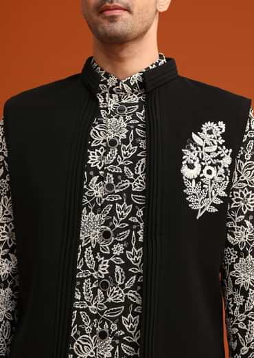 Black Silk Jacket And Kurta Set With Zari Work