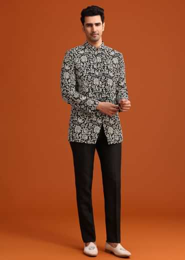 Black Silk Jacket And Kurta Set With Zari Work