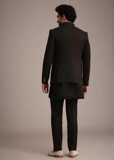Black Silk Kurta Jacket Set With Patch Work Broach