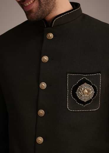 Black Silk Kurta Jacket Set With Patch Work Broach