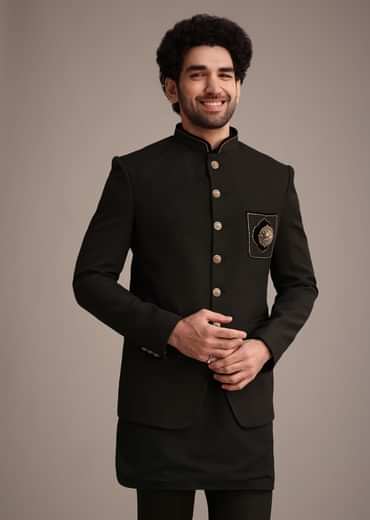 Black Silk Kurta Jacket Set With Patch Work Broach