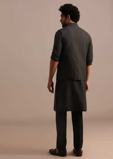 Black Silk Kurta Jacket Set With Pintuck Pattern For Men
