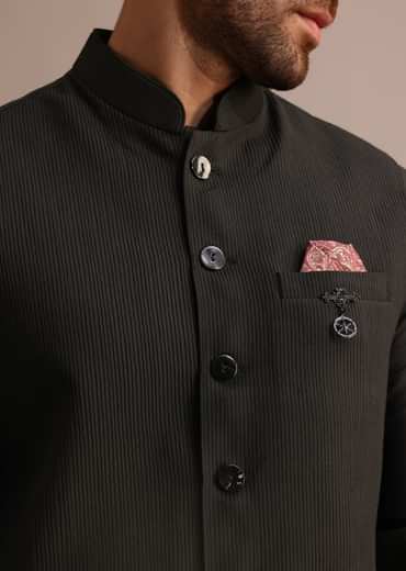 Black Silk Kurta Jacket Set With Pintuck Pattern For Men