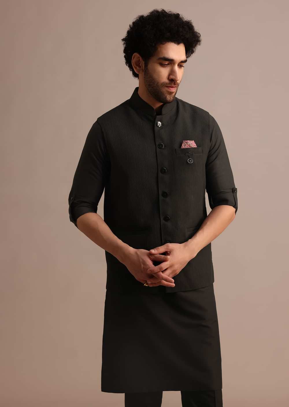 Black Silk Kurta Jacket Set With Pintuck Pattern For Men