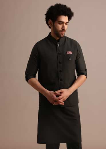 Black Silk Kurta Jacket Set With Pintuck Pattern For Men