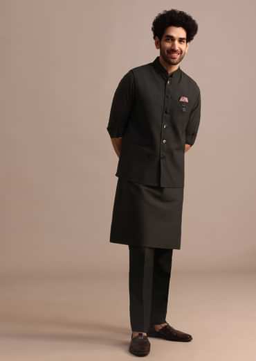 Black Silk Kurta Jacket Set With Pintuck Pattern For Men
