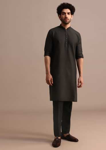 Black Silk Kurta Jacket Set With Pintuck Pattern For Men