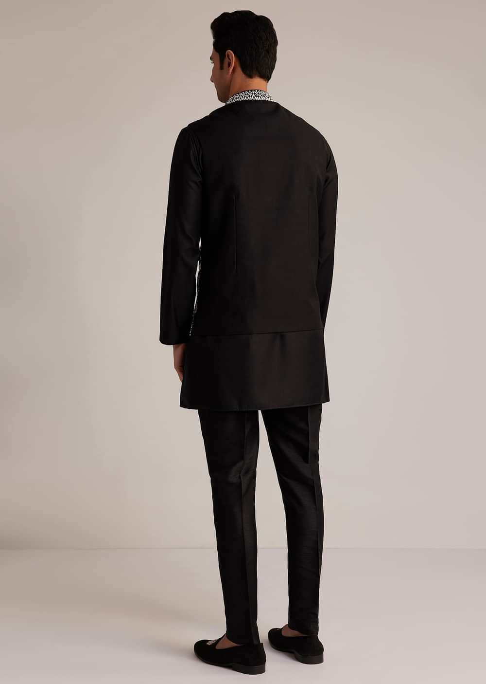 Black Silk Kurta Set With Embroidered Nehru Jacket