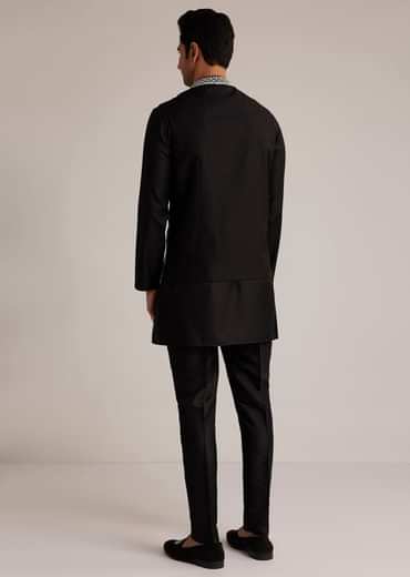 Black Silk Kurta Set With Embroidered Nehru Jacket