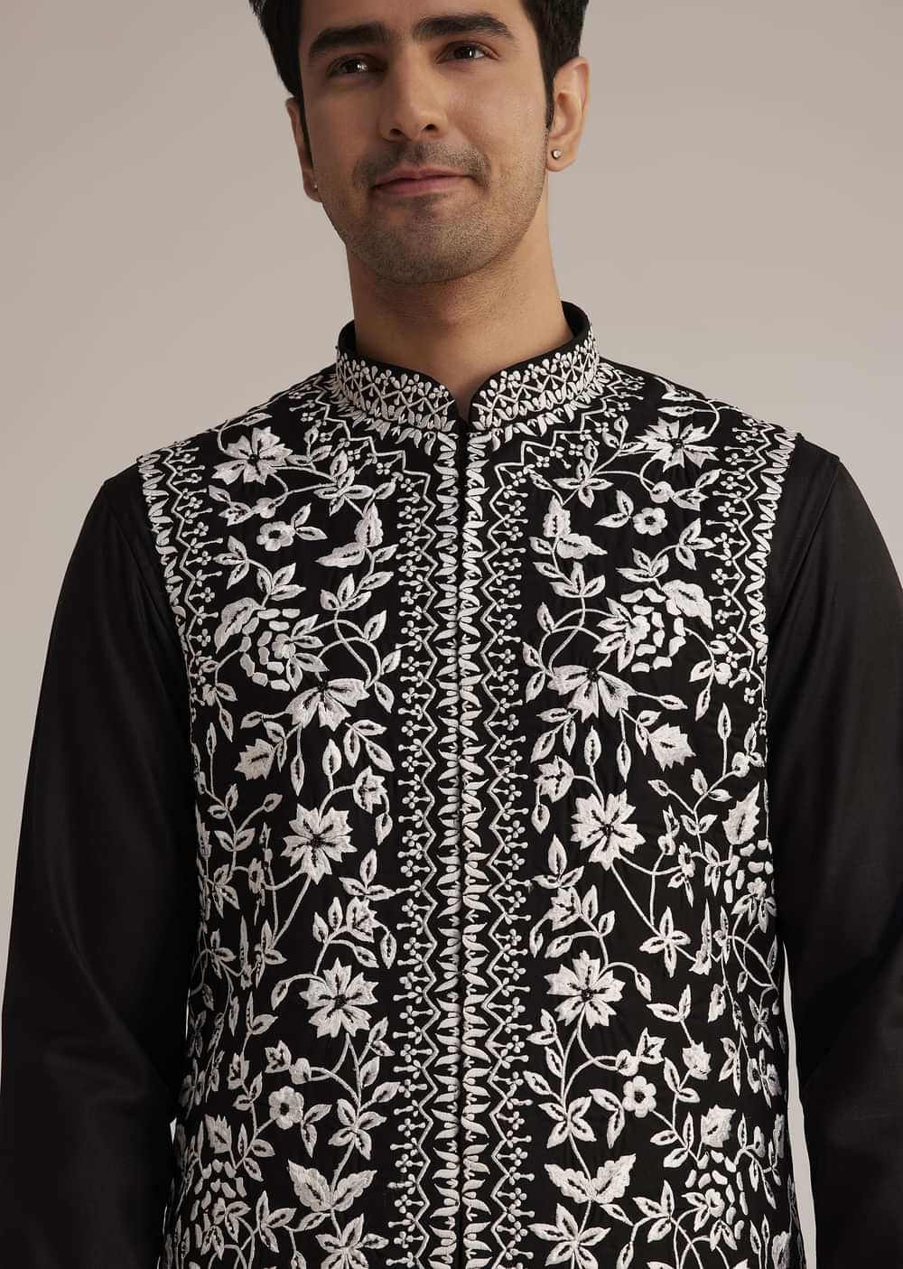 Black Silk Kurta Set With Embroidered Nehru Jacket