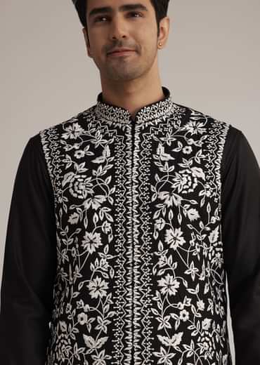 Black Silk Kurta Set With Embroidered Nehru Jacket