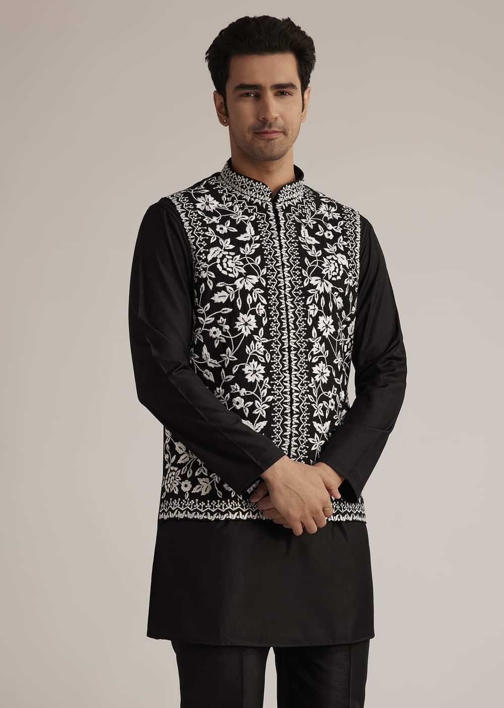 Black Silk Kurta Set With Embroidered Nehru Jacket