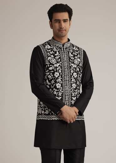 Black Silk Kurta Set With Embroidered Nehru Jacket