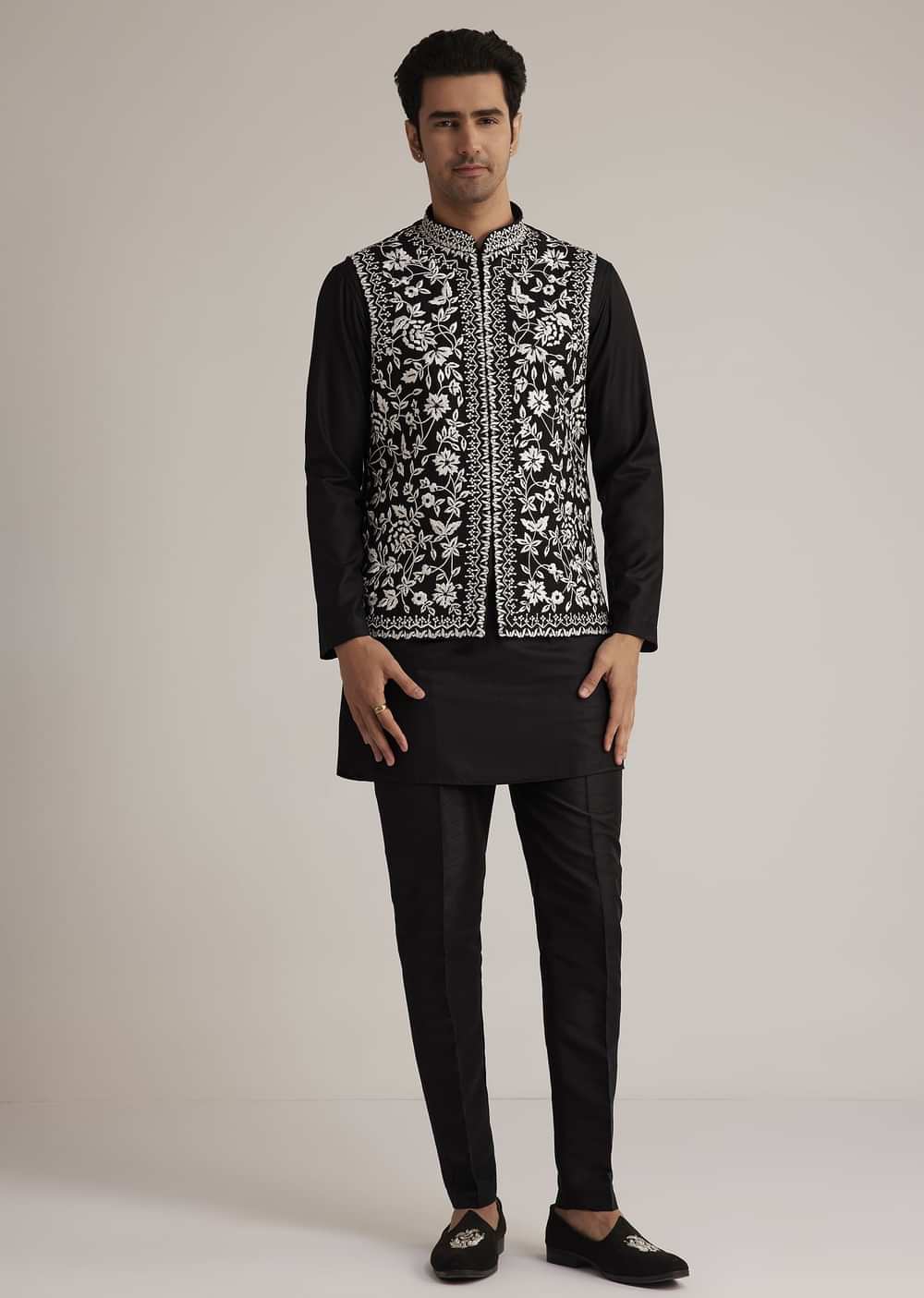 Black Silk Kurta Set With Embroidered Nehru Jacket
