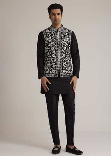 Black Silk Kurta Set With Embroidered Nehru Jacket