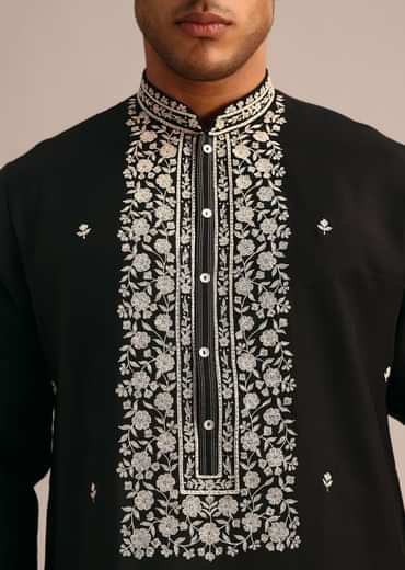 Black Silk Kurta Set With Hand Embroidered Yoke