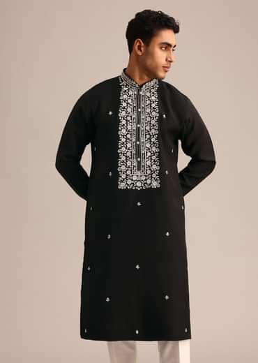 Black Silk Kurta Set With Hand Embroidered Yoke