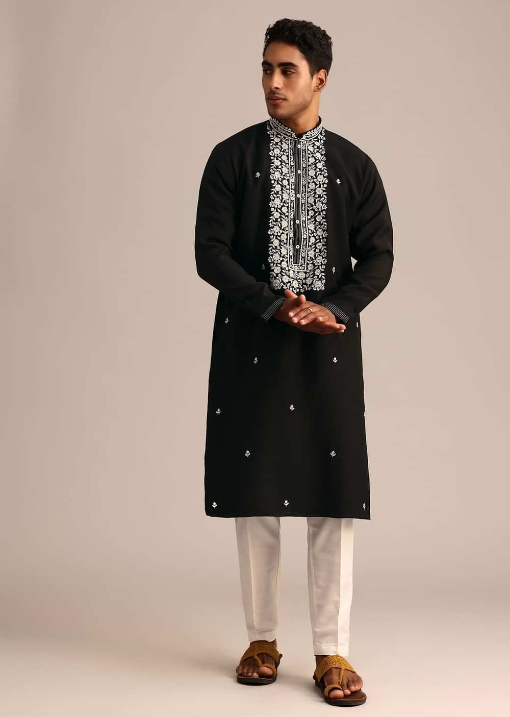 Black Silk Kurta Set With Hand Embroidered Yoke