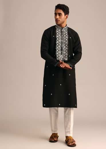 Black Silk Kurta Set With Hand Embroidered Yoke