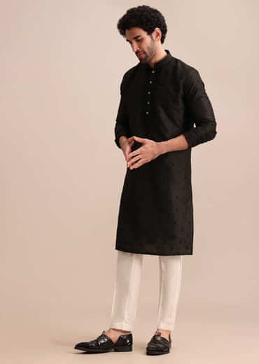 Black Silk Kurta Set With Resham Work For Men