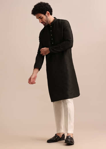 Black Silk Kurta Set With Resham Work For Men