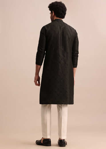 Black Silk Kurta Set With Resham Work For Men