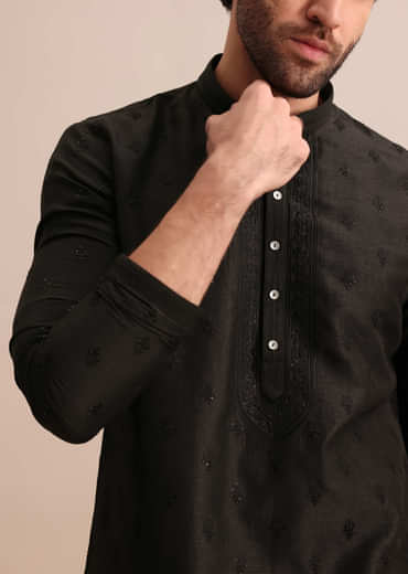 Black Silk Kurta Set With Resham Work For Men