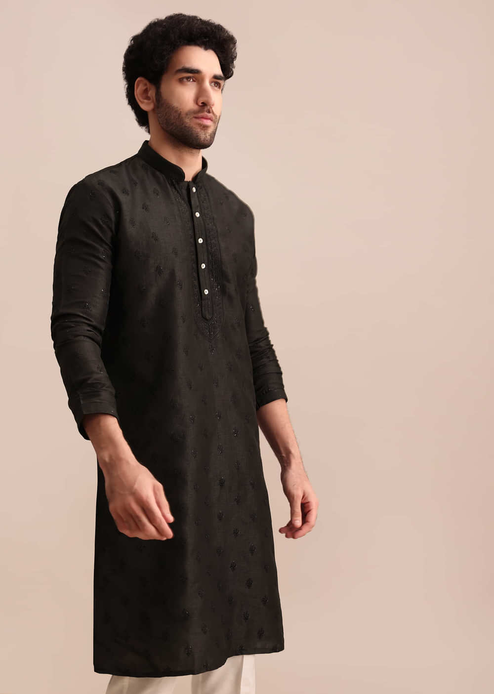 Black Silk Kurta Set With Resham Work For Men