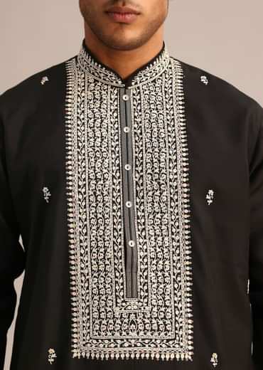 Black Silk Mandarin Collar Kurta Set With Embroidered Yoke