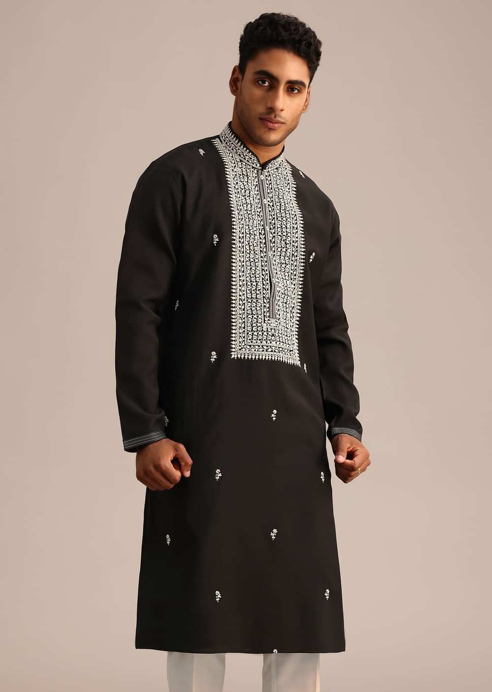 Black Silk Mandarin Collar Kurta Set With Embroidered Yoke