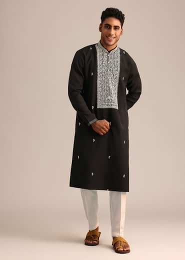 Black Silk Mandarin Collar Kurta Set With Embroidered Yoke