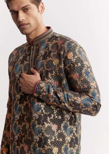 Black Silk Printed Kurta Set