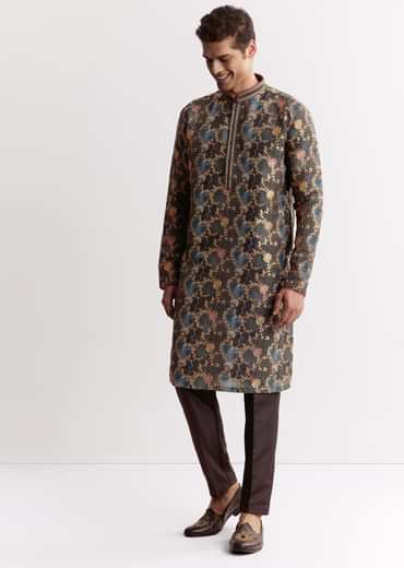 Black Silk Printed Kurta Set