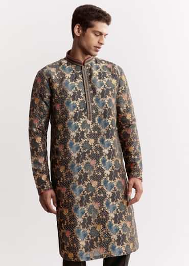 Black Silk Printed Kurta Set
