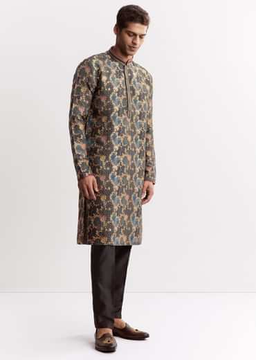Black Silk Printed Kurta Set