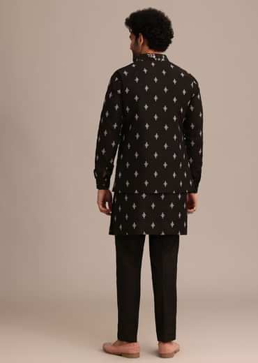 Black Silk Resham Embroidered Kurta Jacket Set