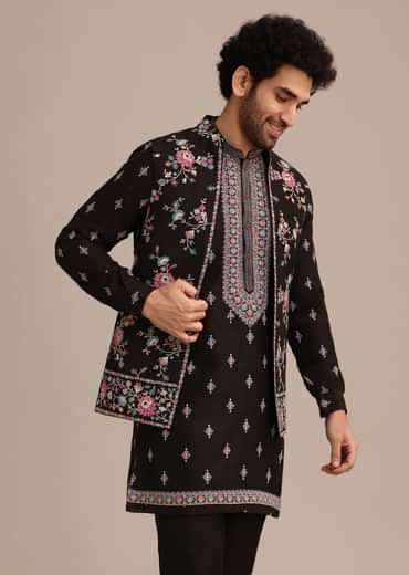 Black Silk Resham Embroidered Kurta Jacket Set