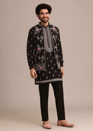 Black Silk Resham Embroidered Kurta Jacket Set