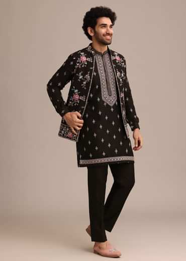 Black Silk Resham Embroidered Kurta Jacket Set