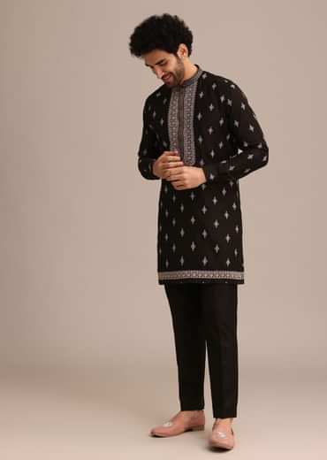 Black Silk Resham Embroidered Kurta Jacket Set