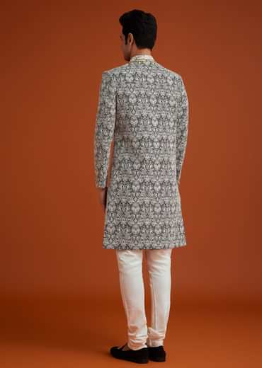 Black Silk Sherwani Set With Bead Work And Embroidery