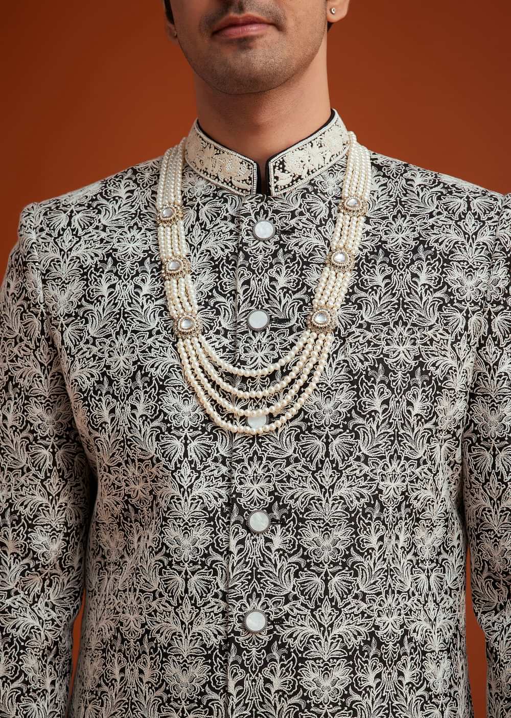 Black Silk Sherwani Set With Bead Work And Embroidery