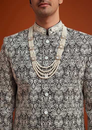Black Silk Sherwani Set With Bead Work And Embroidery