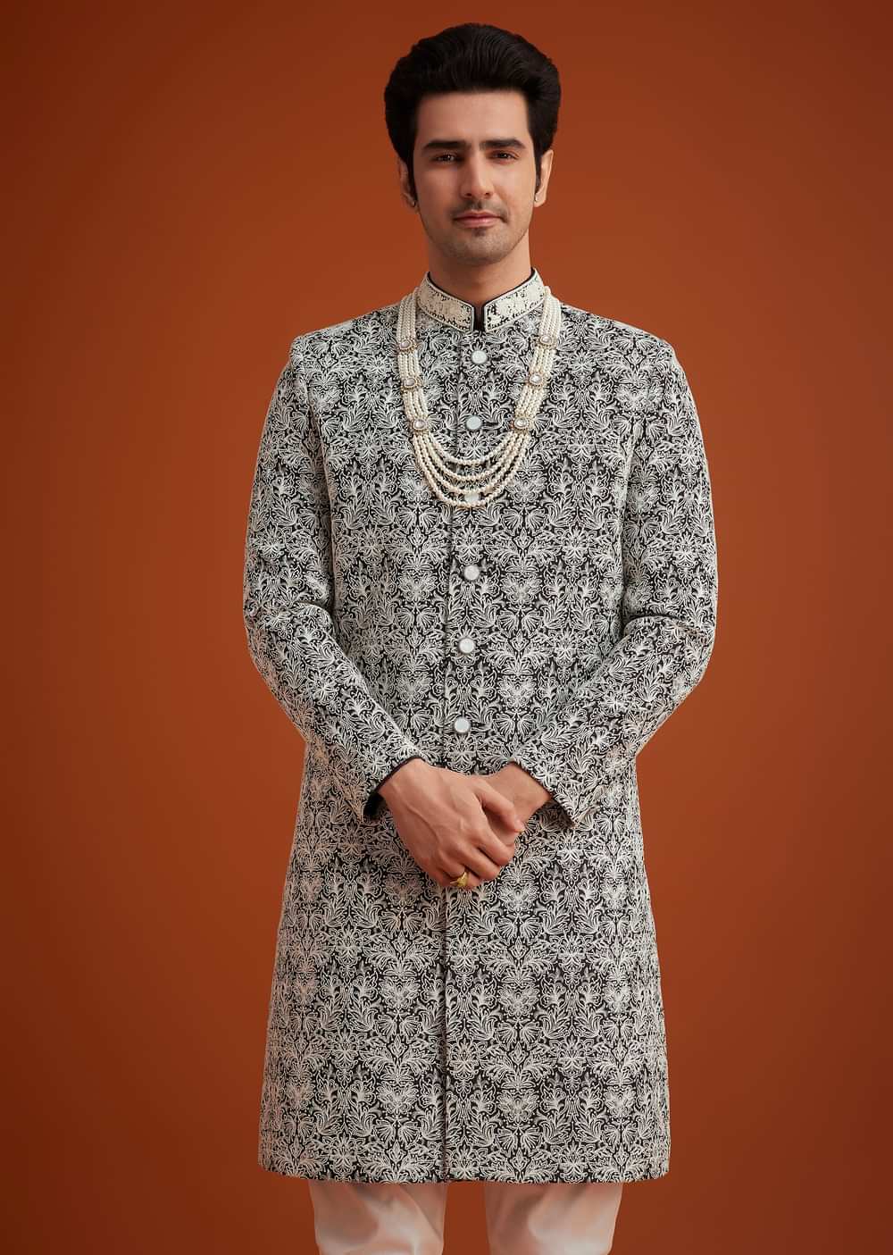 Black Silk Sherwani Set With Bead Work And Embroidery