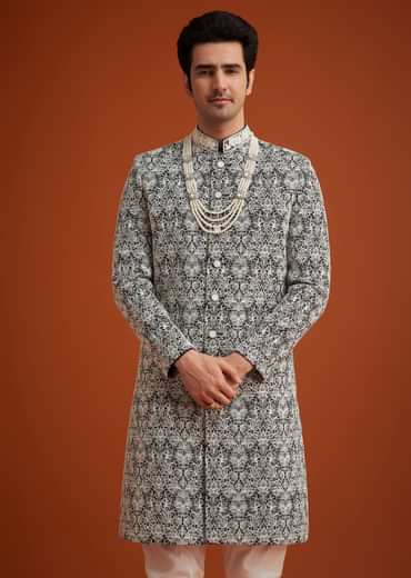 Black Silk Sherwani Set With Bead Work And Embroidery
