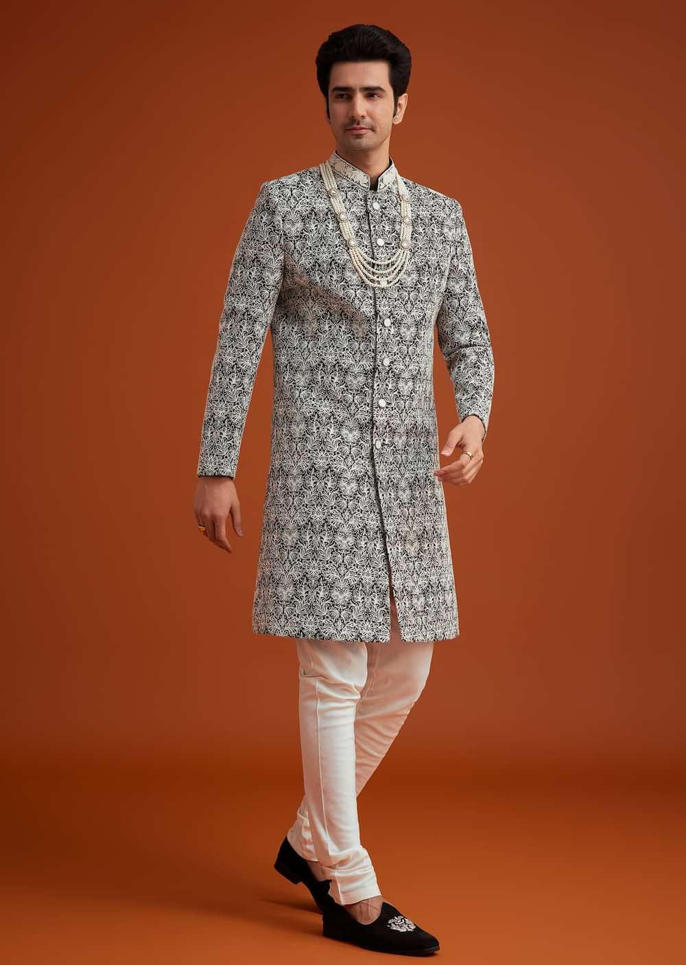 Black Silk Sherwani Set With Bead Work And Embroidery