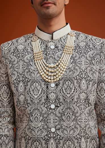 Black Silk Sherwani Set With Embroidery And Bead Work